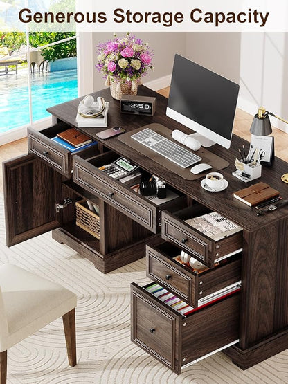 Vipbear 60" Farmhouse Executive Office Desk with Drawers and File Cabinet, Embossed Texture Wood Home Office Desk, Rustic Computer Desk, Workspace for Work Study Writing, Dark Brown