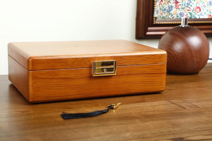 Solid Walnut Wood Jewelry Box with Lock, 2-Layer Vintage Jewelry Organizer for Men Women, Velvet-Lined Storage Chest with Key Lock (Beige)