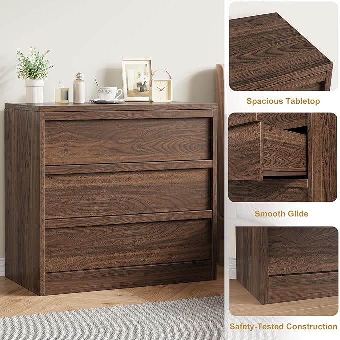 IDEALHOUSE 3 Drawer Nightstand for Bedroom, 30in Tall Small End Side Table with Large Storage & Anti-Tip Design, Modern Bedside Table Organizer for Living Room, Entryway - Walnut