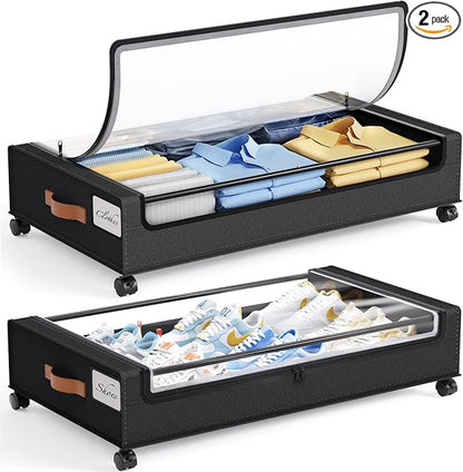 Yecaye 60 L Under Bed Storage with Wheels, 2 Pack Under Bed Storage Containers, Underbed Shoe Storage with Clear Window & Label, Rolling Under Bed Metal Drawer for Clothes, Shoes, Books, Black