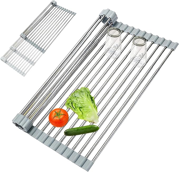 Expandable Roll-UP Dish Drying Rack-Large 304 Stainless Steel Dish Drainer Over The Sink for Kitchen Countertop,Extendable for Most Kitchen Sinks (Silver,22.08'x 13.2')