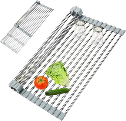 Expandable Roll-UP Dish Drying Rack-Large 304 Stainless Steel Dish Drainer Over The Sink for Kitchen Countertop,Extendable for Most Kitchen Sinks (Silver,22.08'x 13.2')