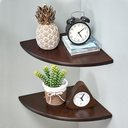 Conamily Corner Shelves, Floating Corner Shelf, Set of 2 10inch Solid Oak Wood Corner Wall Shelves, Round End with Wire Hole for Small Plant for Bedroom Kitchen, Living Room