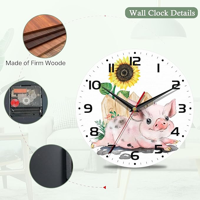 Wall Clock for Bathroom,Pink Pig Wall Clocks Silent Non-Ticking Battery Operated Clock 10 Inch,Sunflower Wall Clocks Decorative for Living Room,Kitchen,Office