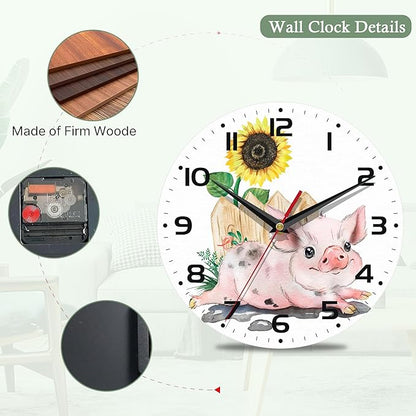 Wall Clock for Bathroom,Pink Pig Wall Clocks Silent Non-Ticking Battery Operated Clock 10 Inch,Sunflower Wall Clocks Decorative for Living Room,Kitchen,Office