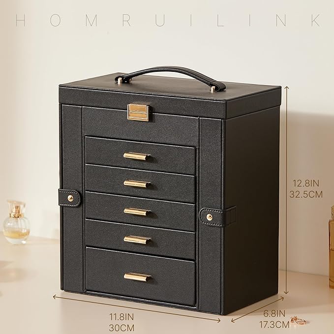 Large Leather Jewelry Box Organizer 6 layer Jewelry Storage Case for Women Girls Ring Necklace Earring Bracelet Holder with Mirror Christmas Gift(Black)