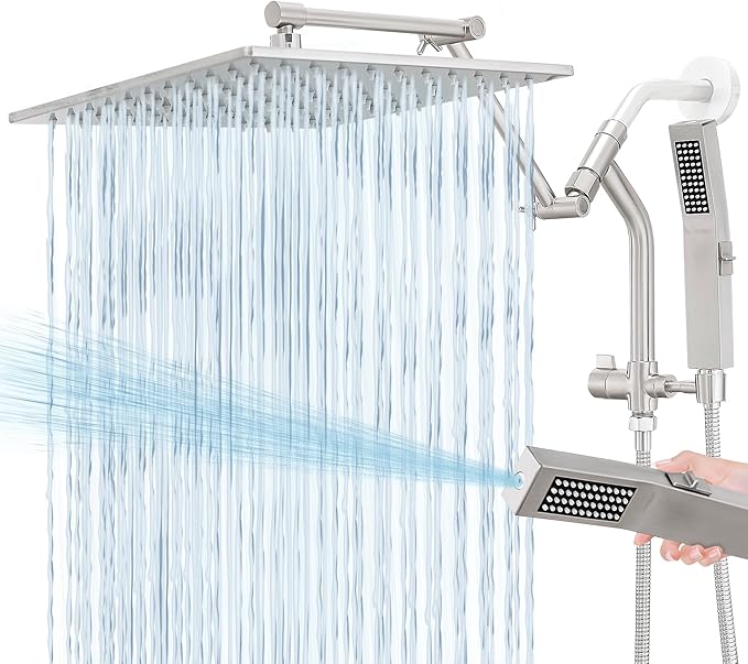 All Metal 12 Inch Rain Shower Head with Handheld Built-in Power Wash Mode, High Pressure Waterfall Rainfall Square Shower Heads with 16" Adjustable Extension Arm, Dual Showerhead(Brushed Nickel)