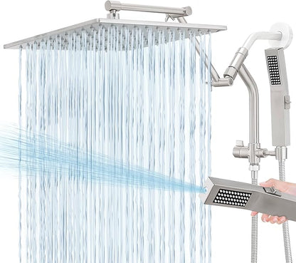 All Metal 12 Inch Rain Shower Head with Handheld Built-in Power Wash Mode, High Pressure Waterfall Rainfall Square Shower Heads with 16" Adjustable Extension Arm, Dual Showerhead(Brushed Nickel)