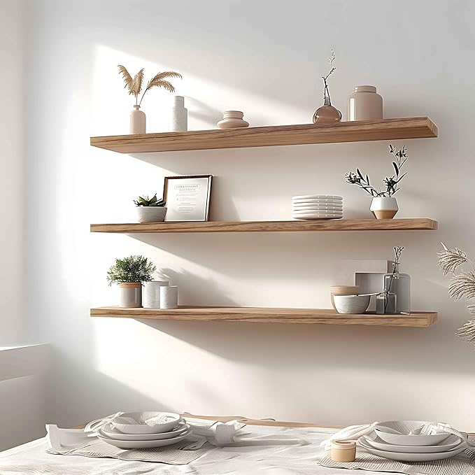 YYWUOJJ Wood Floating Shelves for Wall Decor, Rustic Wall Shelves for Bedroom Bathroom Kitchen Living Room, Set of 4 Light Walnut 48 Inch