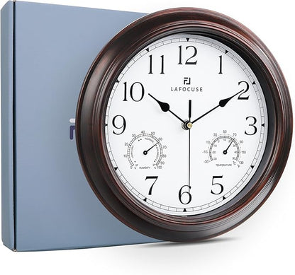 Lafocuse Outdoor Wall Clocks Waterproof with Thermometer for Patio, 12 Inch Hygrometer Wall Clock Silent Battery Operated for Kitchen Bathroom Garage