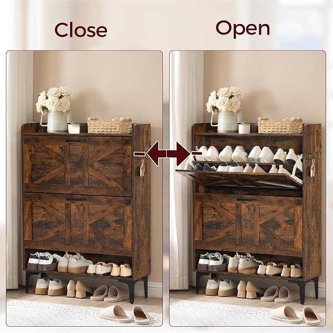 MAHANCRIS Shoe Storage Cabinet, Shoe Organizer with 2 Flip Drawers, Hidden Shoe Storage for Entryway, Freestanding Organizer with Open Storages, Rustic Brown SHHR9401N1