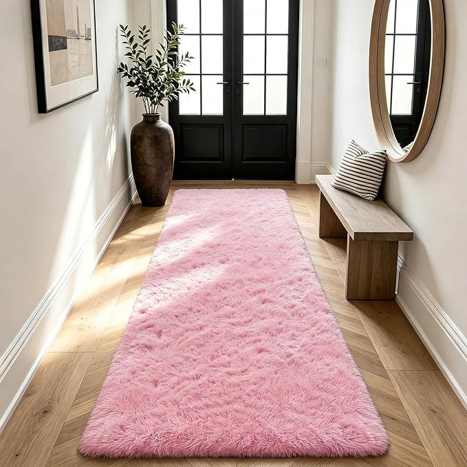 Shag Runner Rug for Bedroom Living Room 3x7 Upgrade Non-Slip Fluffy Soft Bedside Rugs,Pink Shaggy Carpet for Livingroom Dorm Home Decor Aesthetic