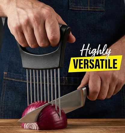 Onion Holder for Slicing 2026, Stainless Steel Onion Slicer & Cutter with Finger Guard, Ergonomic Anti-Slip Handle, Multi-Use Kitchen Tool for Tomato, Potato, Avocado, Egg, Lemon & Meat