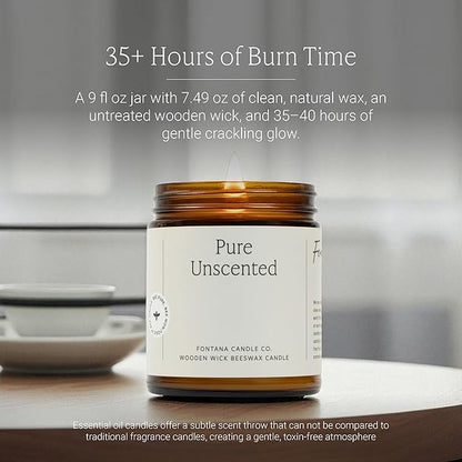 Fontana Candle Co Wood Wick Beeswax Jar Candles, Unscented - Made with Coconut Oil & Pure Essential Oils – Clean Burn, Long Lasting and Non-Toxic Candles for Home & Room Decor