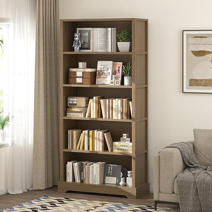 TVU 5-Tier Wooden Bookshelf, 65" Tall Farmhouse Style Open Bookcase, 31.5" W Standing Book Shelf with Storage, Suitable for Study, Living Room, Office, Teak