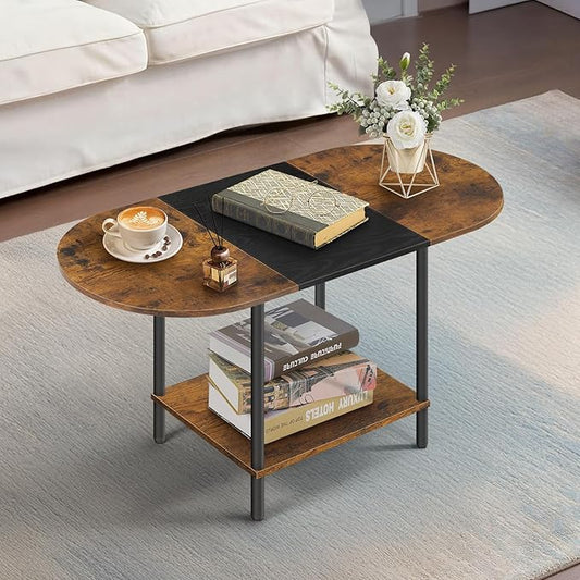 Small Coffee Tables for Living Room,Mid Century Oval Center Table with Storage Shelf and Wood Tabletop,2-Tier Farmhouse Narrow Cocktail Tea Table for Small Space,Apartment,Rustic Brown