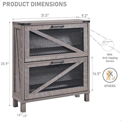 JXQTLINGMU Shoe Cabinet with 2 Flip Drawers, Farmhouse Shoe Storage Cabinet with Mesh Doors and Adjustable Shelves, Rustic Wooden Shoe Organizer, Small Shoe Cabinet Storage for Entryway, Grey