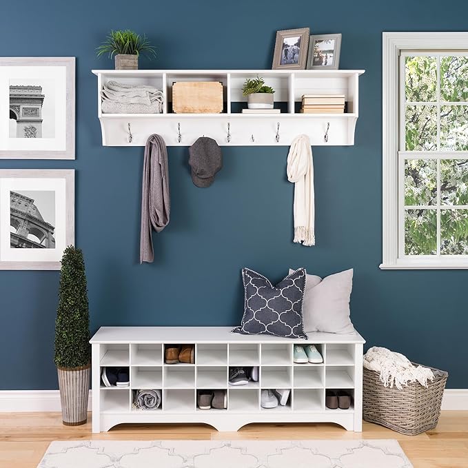 Prepac 60" Contemporary Wall Mounted Coat Rack, Coat Hooks Wall Mount with 4 Shelves, Ideal for Hallway or Entryway Hanging Solution, 11.5"D x 60"W x 16.5"H, White