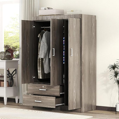 3 Door Wardrobe Cabinet Closet with Storage Drawers, Shelves and Hanging Rail for Clothes, Bedroom Organizer Funiture