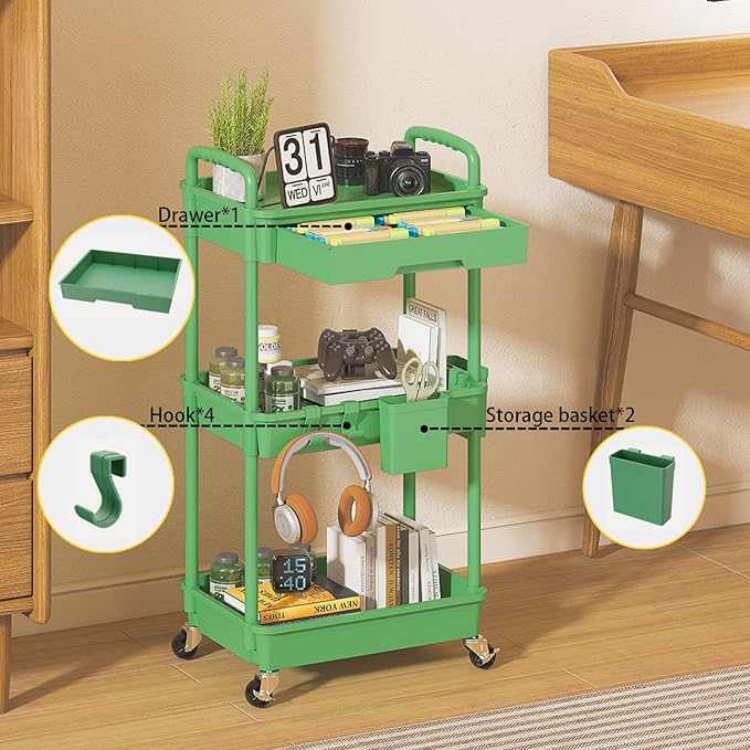 LLMRR 3 Tier Rolling Utility Cart with Drawer, Plastic Storage Organizer Rolling Carts with Wheels Handles Hanging Cups Hooks for Office, Bathroom, Kitchen,Craft Art Room (Green)