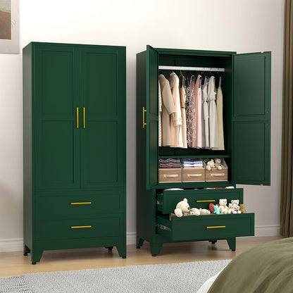 GAIOUS 71" Wardrobe Cabinet with 2 Doors, 1 Adjustable Shelf and 2 Drawers | Metal Clothing Storage Cabinets with Hanging Rod, Armoire Wardrobe Closet for Bedroom, Cloak Room, Gym (Green)