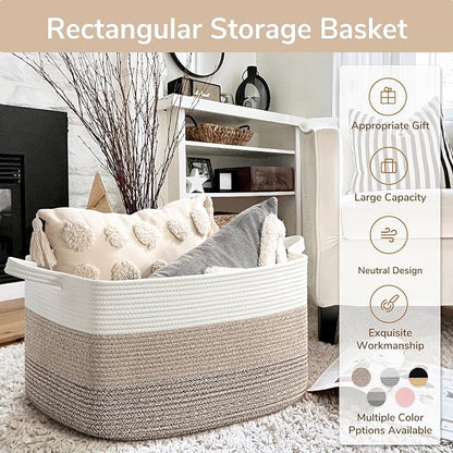 Goodpick Large Woven Storage Basket, 21.6" x 14.9" x 11.8" Rectangle Rope Baskets for Toy Storage, Blanket Basket for Living Room, Bedroom, Light Brown