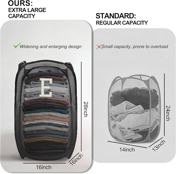 Collapsible Pop Up Laundry Hamper, Extra Large with Removable Initial Letter E, Mesh Foldable Laundry Basket, 28" x 16" x 16" (Black)