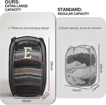 Collapsible Pop Up Laundry Hamper, Extra Large with Removable Initial Letter E, Mesh Foldable Laundry Basket, 28" x 16" x 16" (Black)