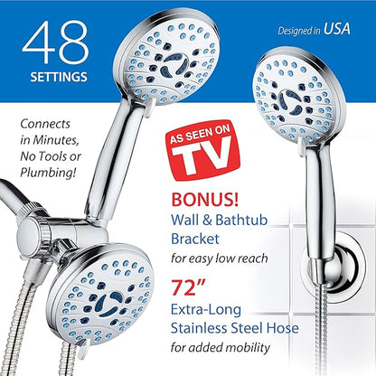 Hotel Spa AquaCare As-Seen-On-TV High Pressure 48-setting Rain & Handheld 3-way Shower Head Combo - Anti-clog Nozzles/Tub, Tile & Pet Power Wash/Extra Long 6 ft. Hose/All Chrome Finish