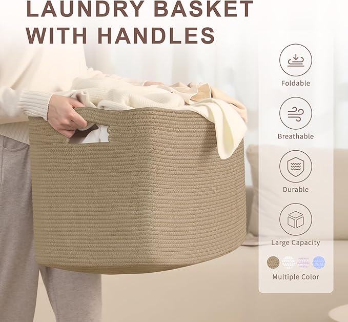 SunNewt 100L Extra Large Wicker Laundry Basket for Living Room Storage,Boho Woven Cotton Rope Baskets for Kids Toy,Gifts,Square Blanket Hamper for Bedroom Dirty Clothes,Jute