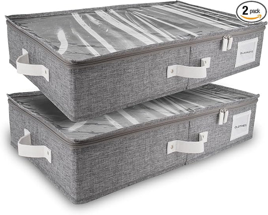 HOMELUX THEORY 2pc Under Bed Storage Containers, Bedroom Under the Bed Drawer Storage Organizer with Bins and Lids, Large Underbed Clothes Storage Box Ideal for Blanket, Fabric, & Shoes (LightGray)