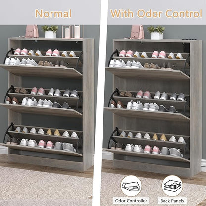 BORNOON Shoe Cabinet with Odor Control and Back Panels, Deodorizing Slim 3-Flip Shoe Storage Cabinet for Entryway, Freestanding Hidden Shoe Rack Organizer for Entrance, Hallway, Bedroom
