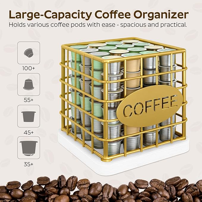 YATINEY Coffee Pod Holder for K Cup, Large Capacity Coffee Pod Organizer, Versatile Coffee Capsule Storage Basket with Wooden Base, Gold and White KH10DW
