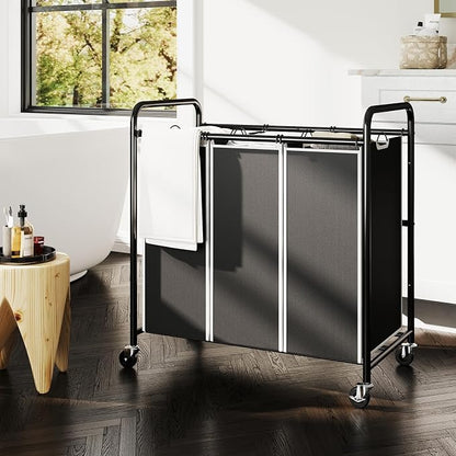 ROMOON Laundry Sorter Hamper 3 Section, Divided Laundry Basket Organizer with Heavy Duty Lockable Wheels and Removable Bags, Rolling Clothes Hamper for Apartment, Dorm & Family (135L Modern Black)