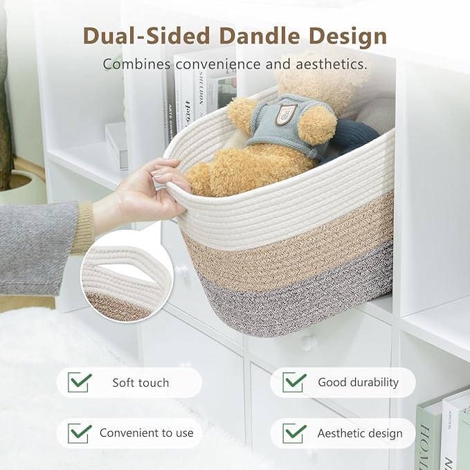 Cotton Rope Storage Basket, 15x10x9 Inches, Woven Basket for Shelves, Clothes, Towels, Books, and Laundry, White Brown (1 Pack)