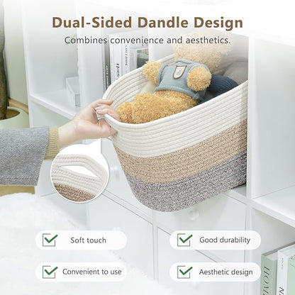 Cotton Rope Storage Basket, 15x10x9 Inches, Woven Basket for Shelves, Clothes, Towels, Books, and Laundry, White Brown (3 Pack)