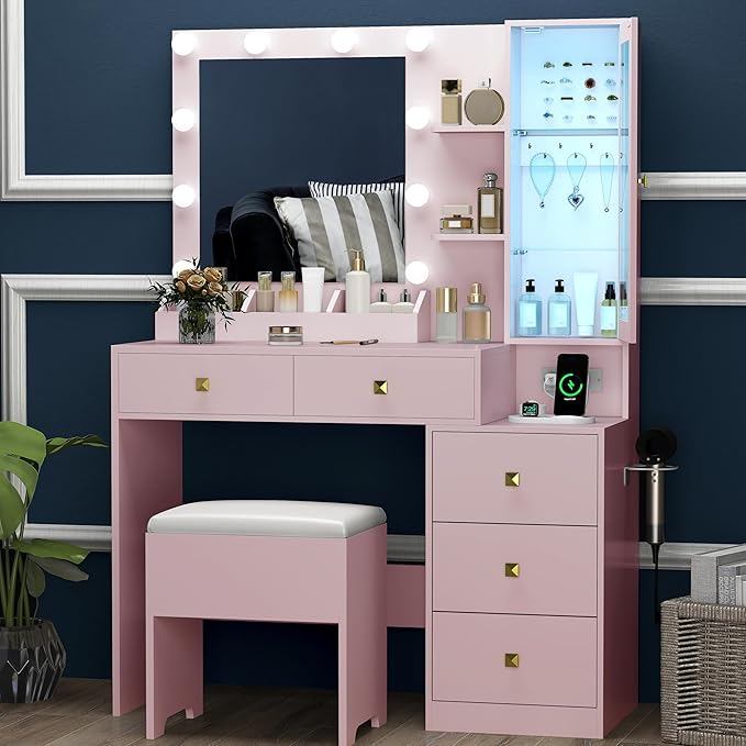 Vanity Desk with Mirror and Lights,Makeup Table with & RGB Storage Cabinet,Large Drawer & Storage Shelves,5 Drawer,Bedroom Dressing Table, Pink