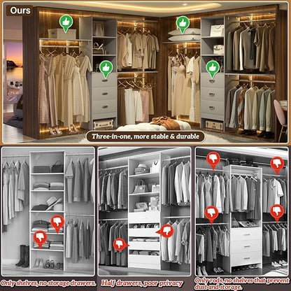 8FT Closet System, 96'' Closet Organizer System with 3 Hanging Rods, Wall Mount Bedroom Wardrobe with 3 Drawers Walk-in Closet, Adjustable Cloth Garment Rack from 5 to 8FT (Cut to Fit), Grey
