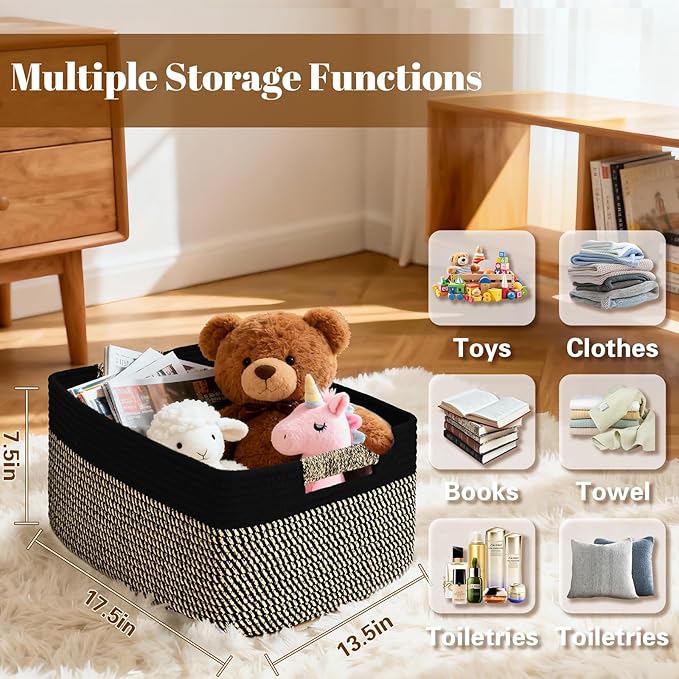 2 Pack Large Storage Basket for Organizing, 17.5"x13.5"x7.5" Woven Basket for Shelves, Closet Cube Storage Bins with Wrapped Handle, Cotton Rope Baskets for Kitchen, Clothes, Toys(Black & Brown)