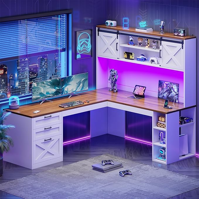 SEDETA 67" Farmhouse L Shaped Desk with Hutch, Home Office Desks with Drawers & Sliding Doors, Corner Computer Desk with Storage Shelves & Power Outlets, Executive Desk with LED Lights, White