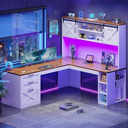 SEDETA 67" Farmhouse L Shaped Desk with Hutch, Home Office Desks with Drawers & Sliding Doors, Corner Computer Desk with Storage Shelves & Power Outlets, Executive Desk with LED Lights, White