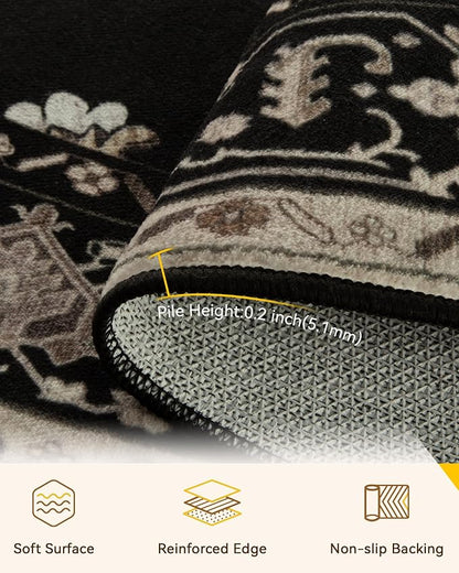 RELEANY Area Rugs Round 5ft Washable Non-Slip, Floral Vintage Distress Medallion Carpet for Living Room Bedroom Dining Room, Black Brown Neutral Dark Tan