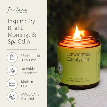Fontana Candle Co Wood Wick Beeswax Jar Candles, Lemongrass Eucalyptus - Made with Coconut Oil & Pure Essential Oils – Clean Burn, Long Lasting and Non-Toxic Candles for Home & Room Decor