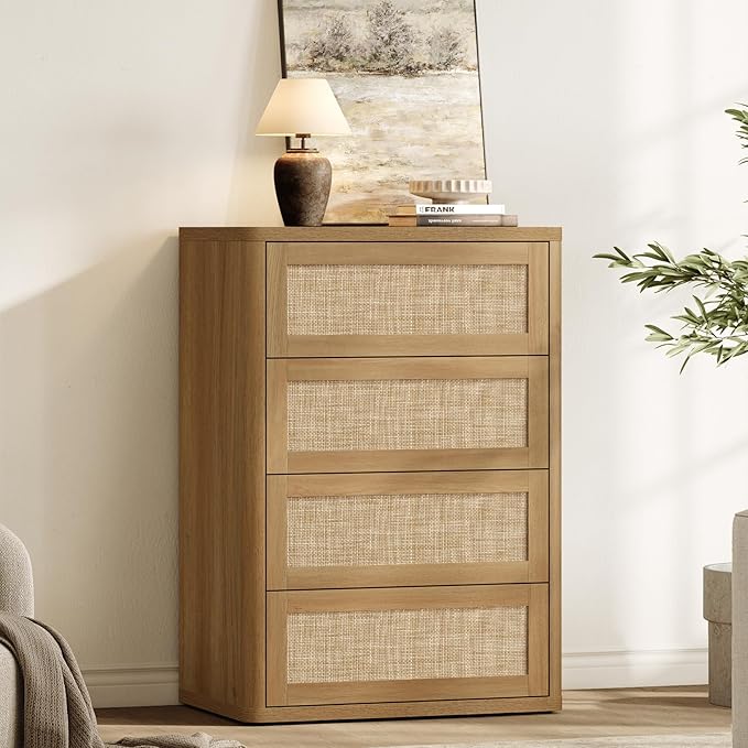SICOTAS 4 Drawer Dresser for Bedroom-40.59'' Tall Rattan Bedroom Dressers with Oversized Drawers, Modern Wooden Chest of Drawers, Push-to-Open Storage Dresser for Closet, Nursery, Amber Oak, 3PCS