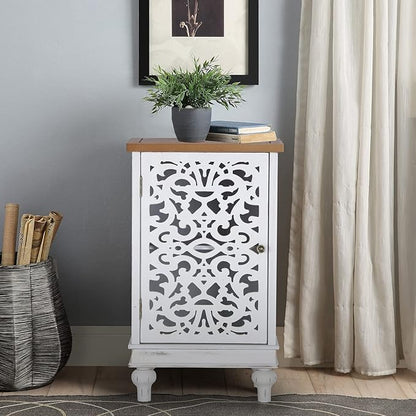 Sophia & William Accent Cabinet Small, 31.5" Tall Side End Table, Distressed Nightstand with Wooden Frame and Hollow Carved Door, White