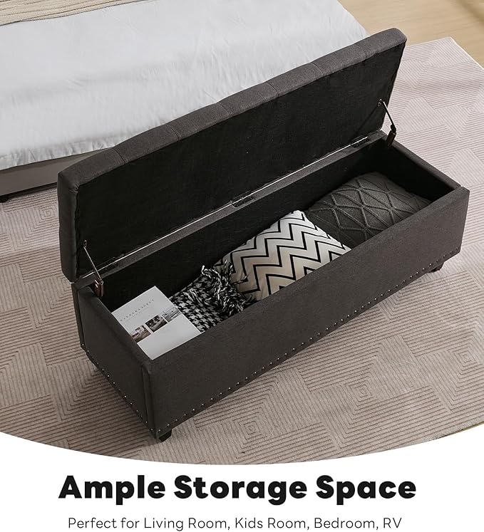 Tbfit 50.8“ Large Ottoman Storage Bench for Bedroom, Oversized Tufted Upholstered Entryway Benches End of Bed, Rectangle Dorm Foot Stool with Safety Hinge & Solid Wood Legs, Loads 660 lb, Gray