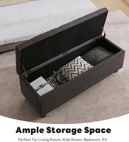 Tbfit 50.8“ Large Ottoman Storage Bench for Bedroom, Oversized Tufted Upholstered Entryway Benches End of Bed, Rectangle Dorm Foot Stool with Safety Hinge & Solid Wood Legs, Loads 660 lb, Gray