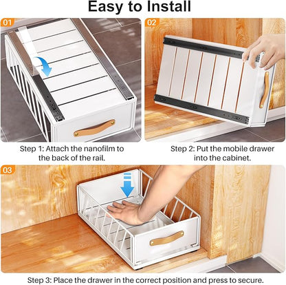 Pull out Cabinet Organizer,Heavy Duty Slide out Pantry Shelves Drawer Storage with Adhesive Nano Film,Sliding Mesh Cabinet Basket with Handle for Kitchen, Bathroom, Home, 9.8"W X 15.7"D X 6.2"H,White
