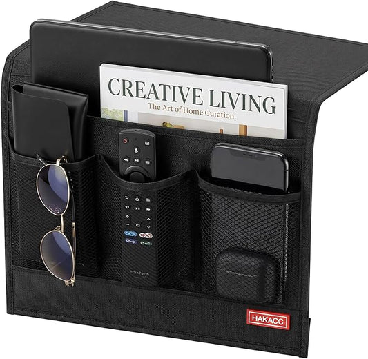 HAKACC Bedside Caddy, Remote Holder for Bed, Storage Organizer with Pockets for Bed, Sofa, Phones, Magazines, Tablets and Accessories, Black