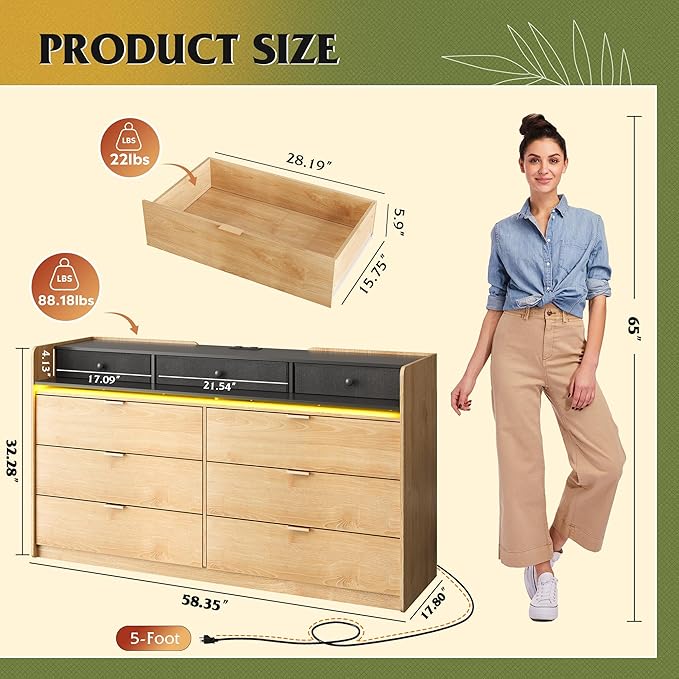WLIVE 9 Drawer Led Dresser for Bedroom, 58" Wide Wood Dresser Storage Organizer with Charging Station for 65" TV, Dressers with Open Shelves, Chest of Drawers for Closet, Living Room, Light Oak